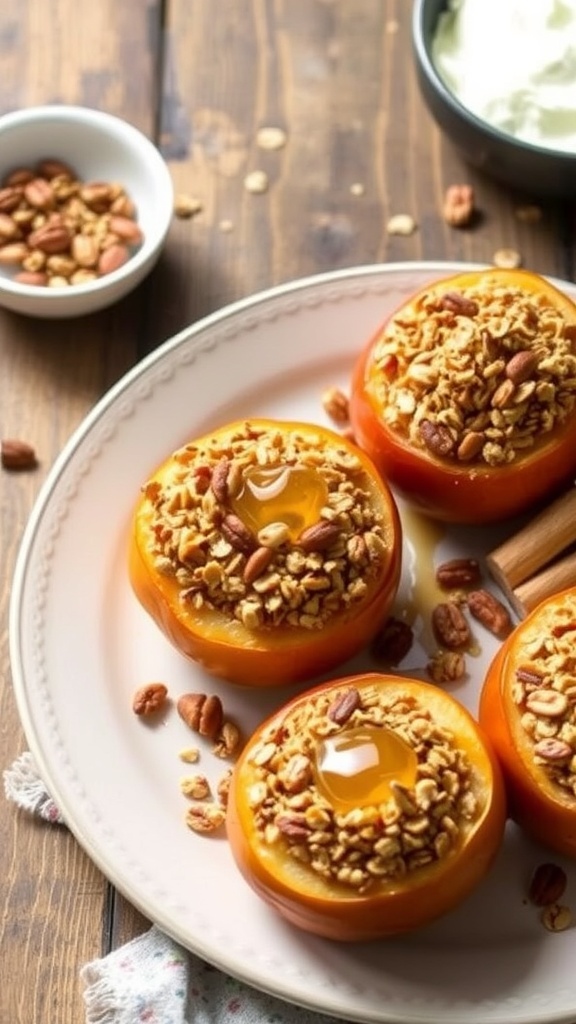 Healthy Air Fryer Baked Apples Recipe Air fryer baked apples stuffed with oats and nuts, served with yogurt on a rustic table.